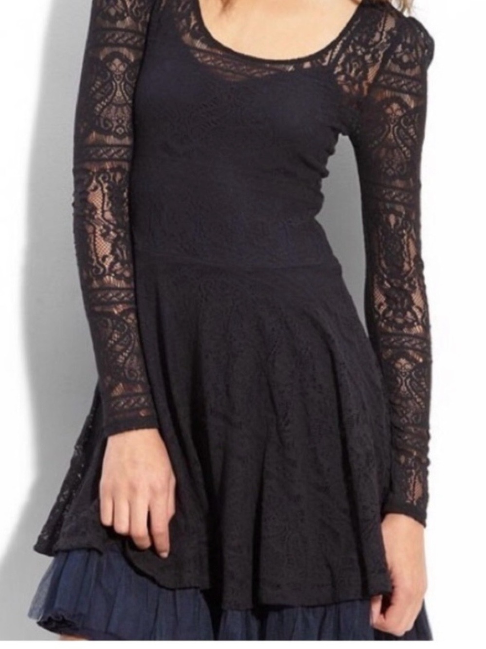 Free People Black Lace Long-Sleeve Skater Dress